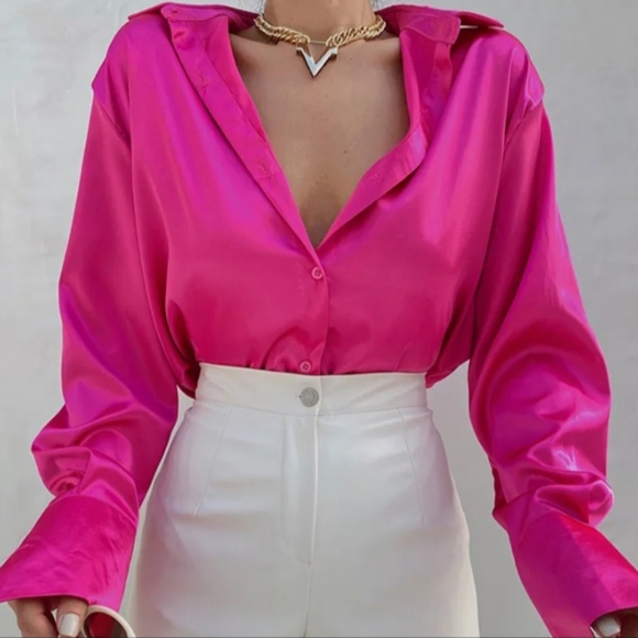 Tops - Women  hot pink silk collared buttoned long sleeve shirt